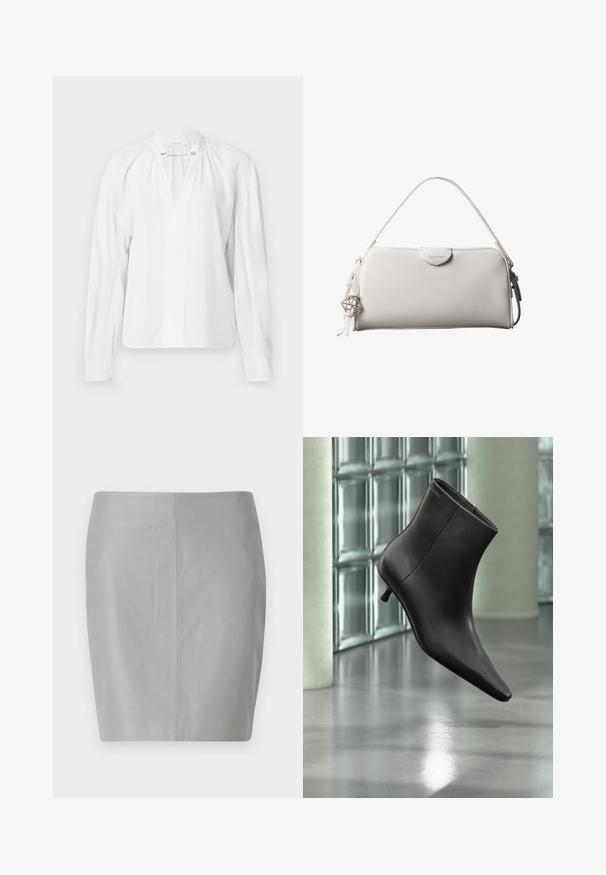 Blouse blanche à manches longues avec un col en V, des détails froncés au niveau du col et un tissu léger et lisse. Design simple et minimaliste.; Jupe crayon en cuir gris avec une texture lisse, présentant un design simple et une couture centrale se prolongeant verticalement à l'arrière.; Bottine en cuir noir avec bout pointu et petit talon, présentée devant un mur en blocs de verre et un sol poli.; Sac à main rectangulaire blanc Calvin Klein avec une seule poignée, design minimaliste et pampilles décoratives avec un charm métallique géométrique sur le côté.
