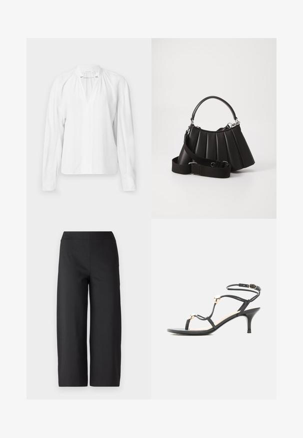 Blusa blanca de manga larga con escote en V, detalles fruncidos en el cuello y una tela suave y ligera. Diseño simple y minimalista.; Pantalones anchos negros con cintura elástica. Fabricados con una tela suave y elástica. Sin bolsillos ni costuras visibles. Diseño limpio y minimalista.; Sandalia negra con tiras, tacón medio, cuentas doradas de acento y una correa en el tobillo con hebilla sobre fondo blanco.; Bolso de mano negro con pliegues, manejo redondeado, correa ajustable y textura brillante. Presenta herrajes plateados y una silueta estructurada.