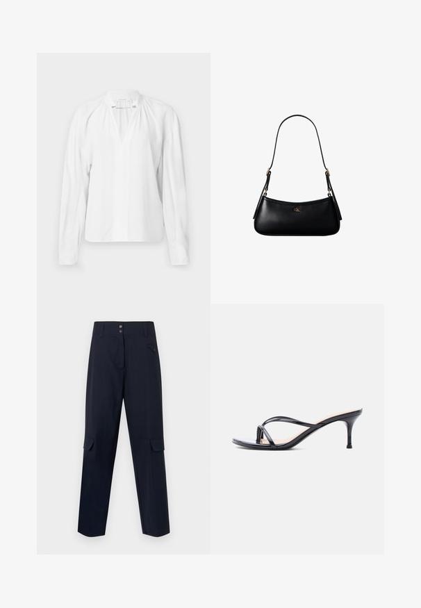 Witte blouse met lange mouwen en een V-hals, met geplooide details bij de halslijn en een gladde, lichte stof. Eenvoudig en minimalistisch ontwerp.; Marine cargobroek gemaakt van een geweven materiaal, met twee zijzakken, een knoopsluiting en een rechte pijpdesign.; Zwarte laklederen sandaal met hakken, dunne gekruiste bandjes en een slanke, middelhoog stilettohak op een witte achtergrond.; Zwarte leren mini schoudertas met een dun riempje en klein goudkleurig CK-logo aan de voorkant in het midden.