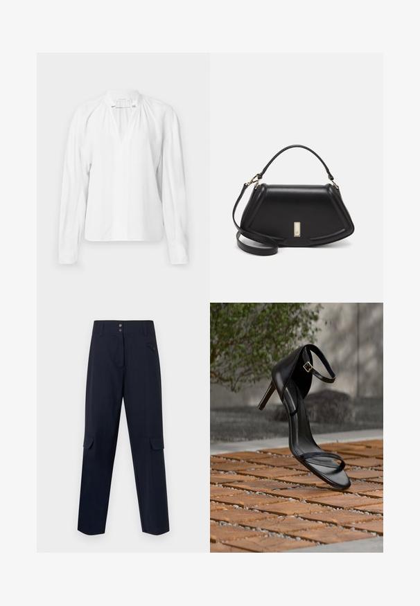 Witte blouse met lange mouwen en een V-hals, met geplooide details bij de halslijn en een gladde, lichte stof. Eenvoudig en minimalistisch ontwerp.; Marine cargobroek gemaakt van een geweven materiaal, met twee zijzakken, een knoopsluiting en een rechte pijpdesign.; Zwarte hoge hak sandaal met enkelbandje zweeft boven een houten tegelvloer buiten, met een onscherpe groene en stenen achtergrond.; Zwarte leren handtas met een gestructureerd ontwerp, featuring een verkorte vorm, bovenhandvat en gouden hardwareaccent. Inclusief verstelbare schouderband.