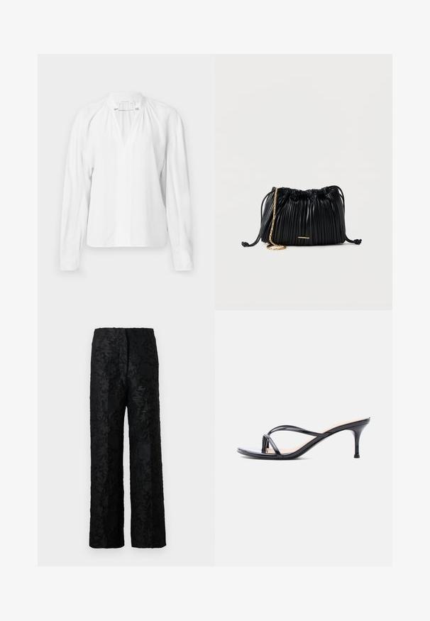 Witte blouse met lange mouwen en een V-hals, met geplooide details bij de halslijn en een gladde, lichte stof. Eenvoudig en minimalistisch ontwerp.; Zwarte broek met een gestructureerd bloemmotief, gemaakt van een zacht materiaal, met een losse, wijd uitlopende pasvorm en een hoge taille.; Zwarte laklederen sandaal met hakken, dunne gekruiste bandjes en een slanke, middelhoog stilettohak op een witte achtergrond.; Zwarte plissé leren handtas met trekkoord, gouden kettingriem en een klein horizontaal gouden accent aan de voorkant.