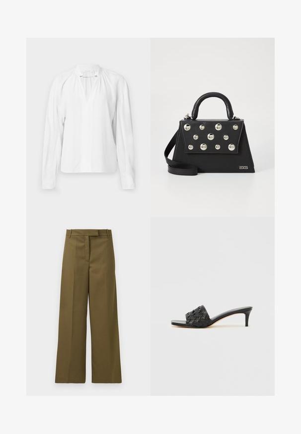 Witte blouse met lange mouwen en een V-hals, met geplooide details bij de halslijn en een gladde, lichte stof. Eenvoudig en minimalistisch ontwerp.; Olivengroene wijde broek van textuurstof met een vlakke voorkant, ceintuurlussen en zijzakken, met een gecentreerde pasvorm en strakke lijnen.; Zwarte sandalen met hakken, met een geweven textuur op het bovenwerk, open teen ontwerp en een slanke hoge hak. Voorzien van een glad leren voetbed.; Zwarte handtas met een gestructureerde vorm, voorzien van een bovenhandvat, schouderriem en decoratieve metalen studs aan de voorkant.