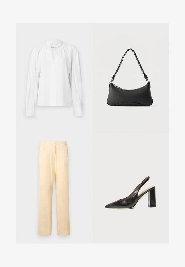 Witte blouse met lange mouwen en een V-hals, met geplooide details bij de halslijn en een gladde, lichte stof. Eenvoudig en minimalistisch ontwerp.; Lichtgele, loszittende broek met een subtiel bladerenpatroon. Voorzien van een elastische tailleband en een recht model. Glad textuur.; Zwarte leren slingback schoen met spits toelopend neusje, hoge blokhak en beige binnenvoering tegen een effen lichte achtergrond.; Zwarte lederen schoudertas met een gebogen rechthoekige vorm, gouden ketting verweven in een gevlochten zwarte band, en een ritssluiting bovenop.
