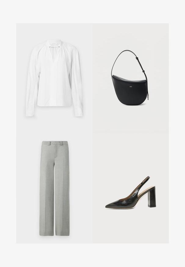Witte blouse met lange mouwen en een V-hals, met geplooide details bij de halslijn en een gladde, lichte stof. Eenvoudig en minimalistisch ontwerp.; Grijze broek met wijde pijpen van een lichtgewicht stof, met een platte voorkant, riemlussen en schone, getailleerde lijnen zonder zichtbare patronen.; Zwarte leren slingback schoen met spits toelopend neusje, hoge blokhak en beige binnenvoering tegen een effen lichte achtergrond.; Zwarte halfmaansvormige leren schoudertas met verstelbare riem en goudkleurig "BOSS"-logo middenvoor.
