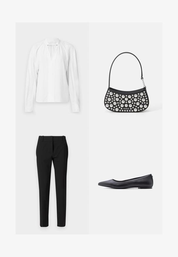 Blusa blanca de manga larga con escote en V, detalles fruncidos en el cuello y una tela suave y ligera. Diseño simple y minimalista.; Pantalones negros a medida con un diseño de pierna recta, cintura y textura suave. Sin patrones visibles ni adornos.; Zapato plano de cuero negro con punta puntiaguda y tacón bajo, mostrado de perfil contra un fondo blanco.; Bolso de mano de cuero negro con forma curva, adornado con tachuelas de plata de diferentes tamaños y una correa corta. Logo "HUGO" impreso en la parte frontal.