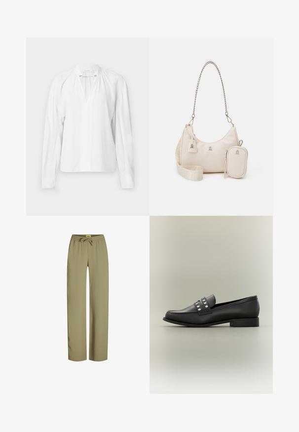 Witte blouse met lange mouwen en een V-hals, met geplooide details bij de halslijn en een gladde, lichte stof. Eenvoudig en minimalistisch ontwerp.; Groene, loszittende broek met een elastische tailleband en verstelbaar trekkoord. Gemaakt van zachte stof met rechte pijpen en geen zichtbare zakken.; Zwarte leren loafer met zilverkleurige, met studs versierde band en lage hak, zijaanzicht op een neutrale achtergrond.; Beige leren handtas met een gebogen vorm, kettingriem, zilveren hardware en een afneembare kleine tas. Gestructureerde riem met logo-patroon.