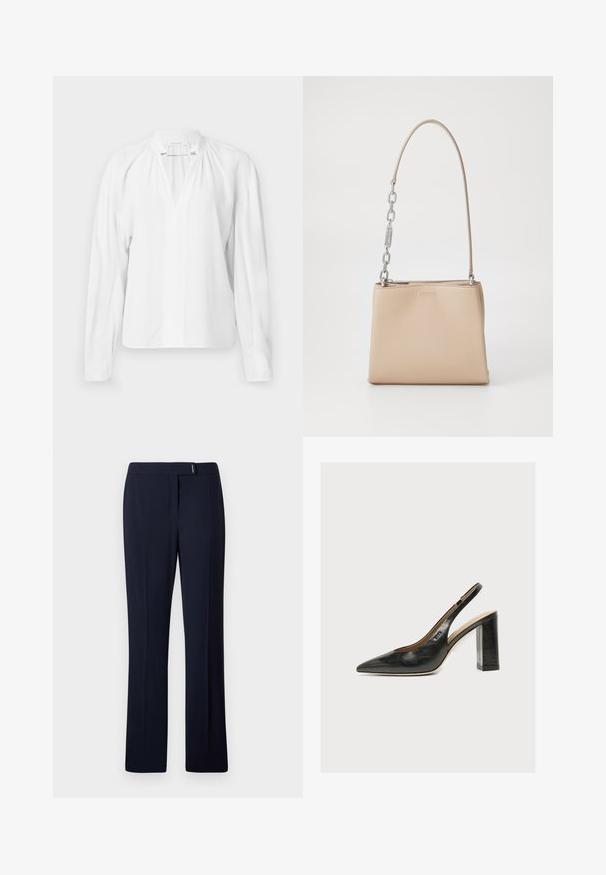 Witte blouse met lange mouwen en een V-hals, met geplooide details bij de halslijn en een gladde, lichte stof. Eenvoudig en minimalistisch ontwerp.; Navyblauwe op maat gemaakte broeken van een gladde stof, met een platte voorkant, rechte pijpen en een subtiele zilveren accent bij de taille.; Zwarte leren damesslingback met spitse neus en dikke hoge blokhak tegen witte achtergrond.; Beige leren handtas met een gladde textuur, voorzien van een zilveren kettingaccent op het handvat en een ritssluiting. "HUGO" is op de voorkant hotstempeld.
