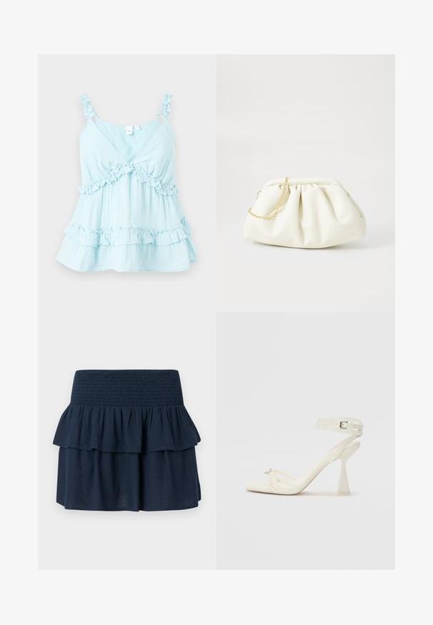 Top sin mangas de color azul claro con tirantes con volantes y detalles de fruncido a lo largo del dobladillo. Fabricado en tejido ligero con un diseño en capas.; Minifalda azul marino con cinturilla ancha fruncida y detalle de volantes superpuestos en la parte superior.; Sandalía de tacón alto con tiras en cuero blanco, con un diseño elegante, un tacón bloque transparente y un elemento decorativo en la punta.; Bolso de mano de cuero blanco con un diseño recogido, cuenta con una cadena dorada y forma redondeada. Textura suave con pliegues suaves y sin patrones.