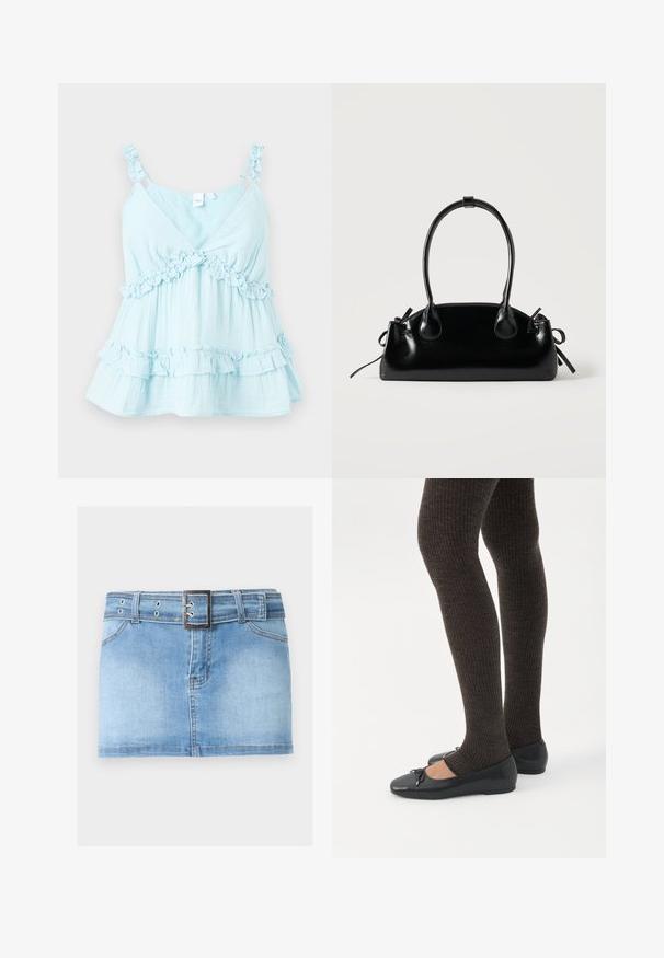 Top sin mangas de color azul claro con tirantes con volantes y detalles de fruncido a lo largo del dobladillo. Fabricado en tejido ligero con un diseño en capas.; Minifalda vaquera azul claro con bolsillos delanteros, trabillas para el cinturón y un cinturón vaquero a juego con una hebilla cuadrada plateada.; Piernas con leggings oscuros acanalados combinados con bailarinas negras que presentan pequeños detalles de lazo sobre un fondo blanco.; Pequeño bolso negro brillante con dos asas largas y detalles de cordón lateral sobre un fondo claro liso.