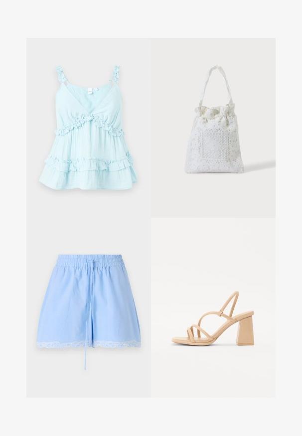 Hellblaues Tanktop mit Rüschen-Trägern und einer hohen Rüsche am Saum. Hergestellt aus leichtem Stoff mit einem Schichtendesign.; Himmelblaue Baumwollshorts mit einem gerafften Taillenbund, Kordelzugdetails und einer weißen Spitzenkante am Saum. Weicher Stoff und entspannter Schnitt.; Nude-Farbenes Sandaletten mit quadratischem Blockabsatz, dünnen Riemen und einer glatten, glänzenden Oberfläche. Einfaches Design mit einem Riemchen-Oberteil.; Weiße Stofftasche mit Spitzenblumenstickerei und einem gerafften oberen Griff, gezeigt vor einem schlichten hellen Hintergrund.