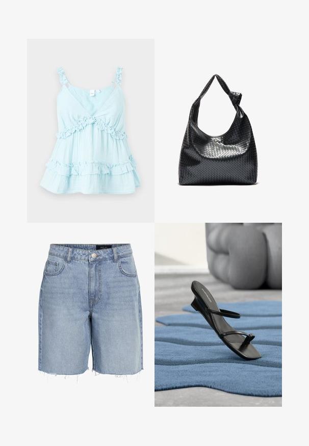Top sin mangas de color azul claro con tirantes con volantes y detalles de fruncido a lo largo del dobladillo. Fabricado en tejido ligero con un diseño en capas.; Pantalones cortos de mezclilla azul claro con cintura alta, cinco bolsillos, dobladillo deshilachado y un cierre clásico de botón. Hechos de una suave tela texturizada.; Sandalia negra con tiras y lazo para el dedo en una alfombra texturizada azul, con un gran objeto decorativo gris desenfocado en el fondo.; Bolso de cuero trenzado negro con un diseño relajado, que presenta una correa anudada y un pequeño tachuela dorada decorativa en la parte superior.