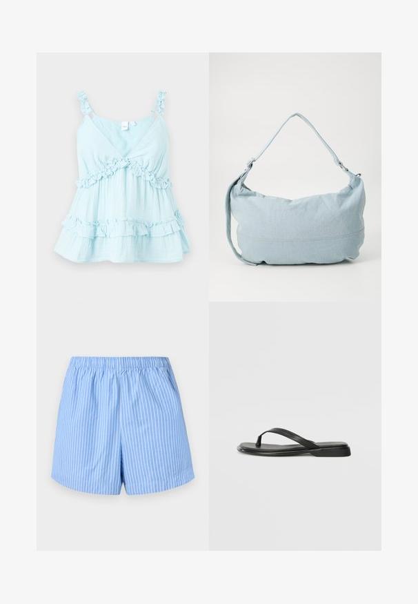 Hellblaues Tanktop mit Rüschen-Trägern und einer hohen Rüsche am Saum. Hergestellt aus leichtem Stoff mit einem Schichtendesign.; Himmelblaue Shorts mit weißen vertikalen Streifen, elastischem Bund, mittellanger Saumlänge und einer glatten Baumwollstruktur.; Schwarze Flip-Flops aus glattem Leder, mit einem dünnen Riemendesign und einer flachen Sohle mit minimalem Profil. Keine bemerkenswerten Muster oder Akzente.; Hellblaue Denim-Schultertasche mit runder Form, verstellbarem Gürtel und subtilen Nähten am unteren Rand. Weiche Textur.
