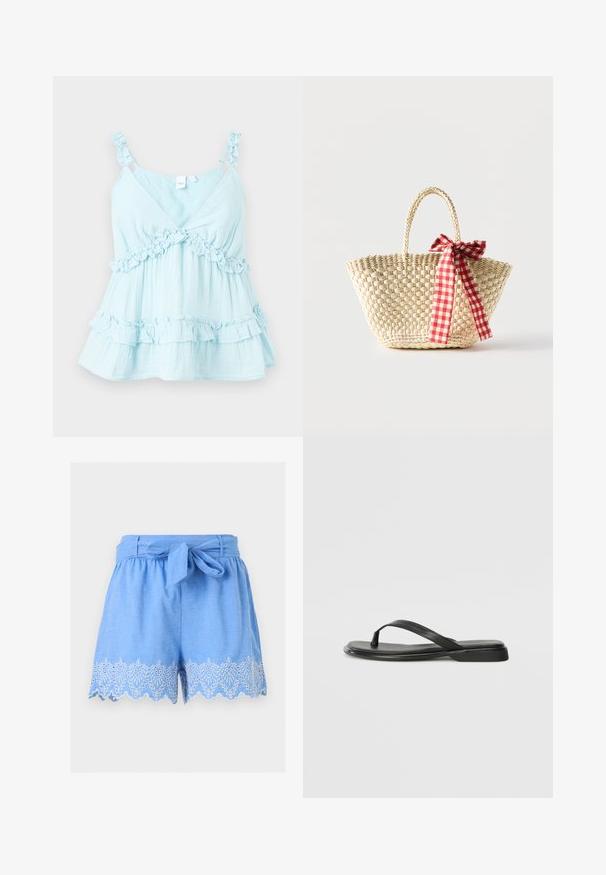 Top sin mangas de color azul claro con tirantes con volantes y detalles de fruncido a lo largo del dobladillo. Fabricado en tejido ligero con un diseño en capas.; Pantalones cortos de lino azul claro con cinturón de tela atado al frente y detalle en el dobladillo con bordado blanco en forma de ondas.; Chancla negra de piel suave, con un diseño de tira delgada y una suela plana de perfil mínimo. Sin patrones ni acentos notables.; Bolso tote de paja tejido con asas trenzadas y un lazo de cinta a cuadros rojos y blancos atado a un lado.