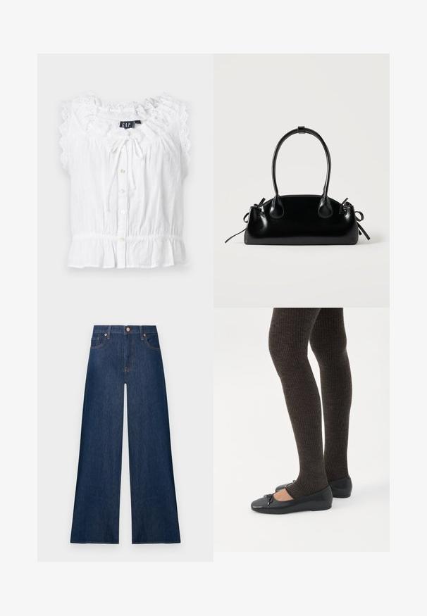 Blouse blanche sans manches avec bordure en dentelle ajourée, boutons à l'avant, encolure à cordon et taille élastiquée froncée par GAP.; Jean denim bleu foncé à jambes larges avec boutons avant et poches, présenté sur un fond clair uni.; Jambes portant des leggings côtelés foncés associés à des ballerines noires avec de petits détails en nœud sur fond blanc.; Petit sac à main noir brillant avec deux longues anses et des détails à cordon sur les côtés sur un fond clair uni.