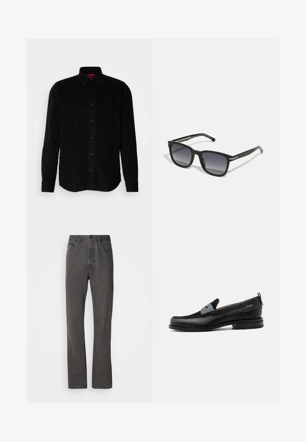 Chemise en velours côtelé noir à manches longues, col boutonné et logo discret brodé sur la poitrine. Coupe classique avec une texture travaillée.; Jeans en denim gris avec une coupe droite, dotés de poches avant, d'une fermeture à bouton et d'une texture subtile.; Mocassin en cuir noir avec détail de bride grise, talon bas et semelle texturée, marqué "HUGO" en or sur le côté.; BOSS Lunettes de soleil - black