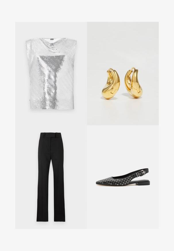 Rabanne Top - silver-coloured; Pantalones negros de cintura alta y corte a medida, con trabillas para cinturón, piernas rectas y cierre frontal con cremallera, mostrados sobre un fondo liso.; Bailarinas negras de tipo slingback con un diseño de punta afilada, adornadas con ojales circulares plateados, con un bajo tacón cuadrado y una correa ajustable con hebilla.; Pendientes de aro de oro con forma curva y suave, y acabado pulido. Presentan un mecanismo de cierre y ligeras indentaciones para un toque de detalle.