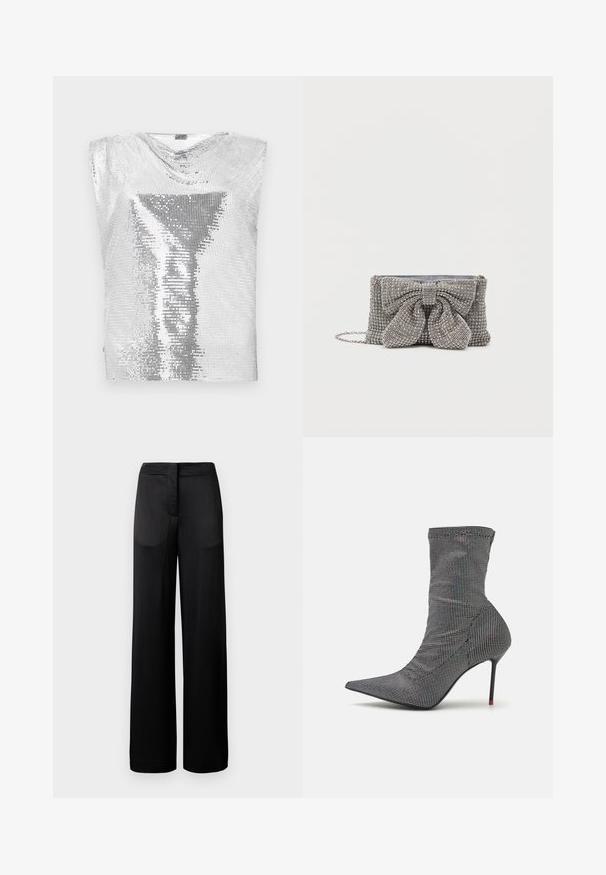 Rabanne Débardeur - silver-coloured; Pantalons noirs à jambes larges avec une surface texturée, dotés d'une taille plate et de deux poches latérales. Le tissu semble léger et fluide.; Pinko WAGNER TRONCHETTO - Bottines à talons hauts - nero/iridescente; Sac à main gris pailleté avec une surface texturée, mettant en valeur un grand nœud sur le devant et une bandoulière en chaîne. Forme rectangulaire compacte.