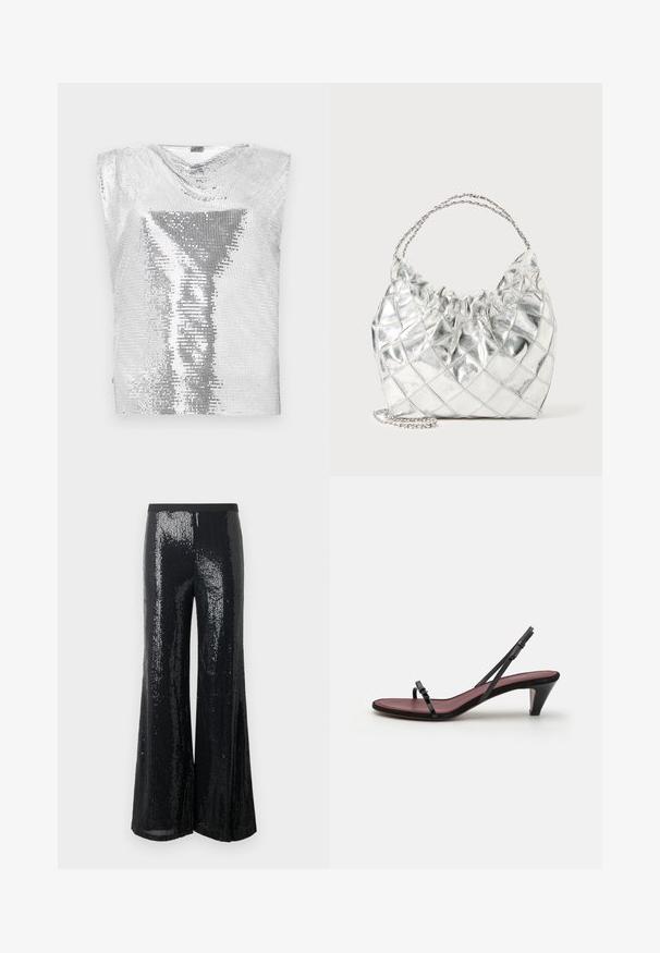 Rabanne Top - silver-coloured; Pantalones de pierna ancha negros cubiertos de lentejuelas, con una cintura elástica y una textura suave, adecuados para ocasiones formales o festivas.; Sandal de tacón negro con tiras finas y una pequeña hebilla decorativa. La plantilla es de un color burdeos contrastante y cuenta con un tacón cónico delgado.; Bolso de mano plateado metálico acolchado con borde superior fruncido y doble asa de cadena sobre un fondo blanco.
