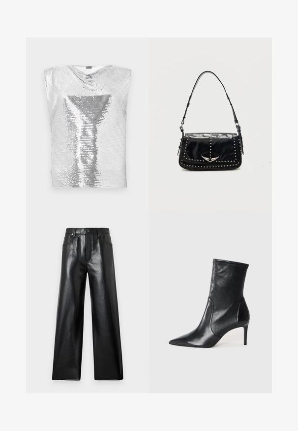 Rabanne Top - silver-coloured; Schwarze, weit geschnittene Kunstlederhose mit hoher Taille, vorne mit Knopf- und Reißverschluss sowie vorderen und hinteren Taschen vor hellgrauem Hintergrund.; Schwarze Stiefeletten aus glattem Leder, mit einer spitzen Zehe, schmalem Schaft und schlanker, hoher Ferse. Minimalistisches Design ohne sichtbare Beschläge.; Schwarze Leder-Schultertasche mit silbernen Nieten und geflügeltem Metall-Emblem auf der Frontklappe vor einfarbigem Hintergrund.