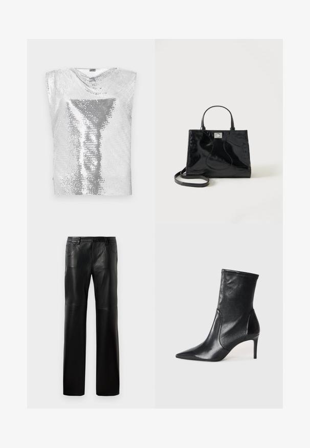 Rabanne Top - silver-coloured; Zwarte leren broeken met een rechte snit, met een knoop tailleband, vijf zakken en zichtbare stiksels langs de naden.; Zwarte enkelboots van soepel leer, met een spitse neus, een aangesloten schacht en een slanke hoge hak. Minimalistisch ontwerp zonder zichtbare hardware.; Zwarte handtas van lakleer met afgeronde handgrepen, een afneembare schouderriem en zilveren sluiting op een effen witte achtergrond.