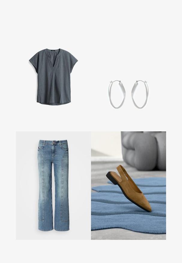 Grijze, gestructureerde blouse met korte mouwen en een V-halslijn, met een licht gebogen zoom. Heeft plissé voegen bij de halslijn en is gemaakt van een lichtgewicht stof.; Lichtblauwe denim wijde broek met een vervaagde wassing, met vijf zakken, contrasterende stiksels en een knoopsluiting bij de tailleband.; Tan suède slingback platte schoen met spitse neus, rustend op een gestructureerd blauw tapijt, met een wazige grijze stenen sculptuur op de achtergrond.; Zilveren oorringen met een glad, gedraaid ontwerp en een veilig haakje. Het oppervlak is reflecterend met een gepolijste afwerking.