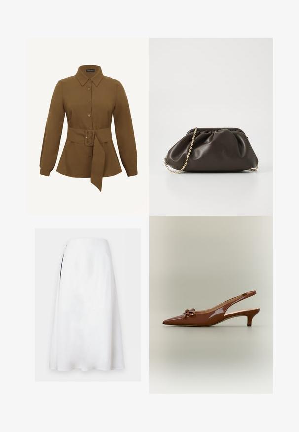 Chemise marron à manches longues avec boutons, col pointu et large ceinture en tissu avec une boucle rectangulaire à la taille.; Jupe midi blanche en forme trapèze avec une taille haute et une discrète fente latérale sur fond uni.; Chaussure slingback à talon kitten en cuir verni marron, avec bout pointu et petit nœud sur le devant.; Sac à main en cuir marron avec un design froncé, une bandoulière en chaîne dorée et une finition douce et texturée. Sa forme compacte est idéale pour une utilisation en soirée.