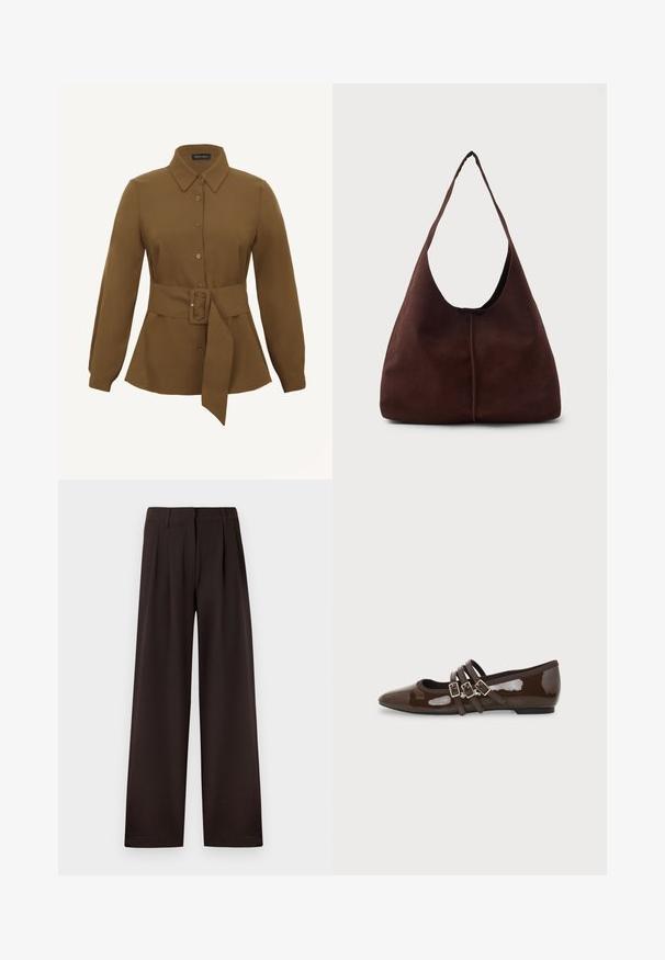Chemise marron à manches longues avec boutons, col pointu et large ceinture en tissu avec une boucle rectangulaire à la taille.; Pantalon marron foncé à jambes larges avec plis et passants pour ceinture, doté d'une fermeture éclair avant et d'un ourlet net sur un fond uni.; Chaussure plate en cuir verni marron avec bout pointu et trois brides ajustables à boucle sur le côté, vue du profil extérieur.; Sac hobo en daim marron avec une grande ouverture courbée et une large bandoulière. Présente une couture centrée à l'avant. Texture lisse.