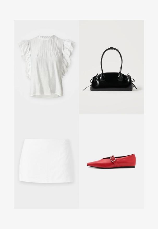 Blusa blanca de mangas cortas con pliegues, hombros rizados y un cuello alto con encaje. Tejido suave con una textura lisa.; Mini falda blanca hecha de una tela suave. Corte recto con un diseño simple, sin patrones ni accesorios visibles, que presenta una estética limpia y minimalista.; Zapato plano de cuero rojo con punta afilada, que presenta una correa lateral con una hebilla de metal y un tacón bajo negro. Textura suave en toda su superficie.; Pequeño bolso negro brillante con dos asas largas y detalles de cordón lateral sobre un fondo claro liso.