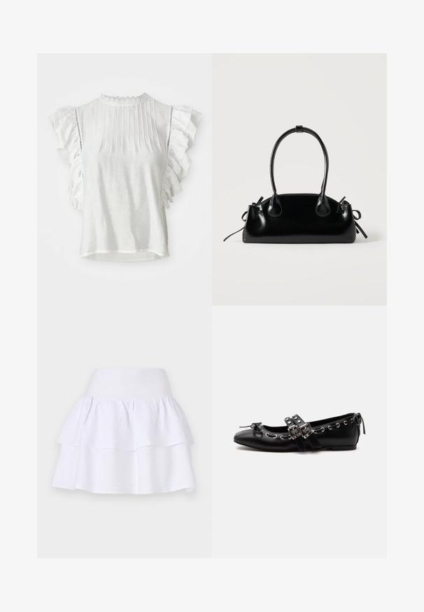 Blusa blanca de mangas cortas con pliegues, hombros rizados y un cuello alto con encaje. Tejido suave con una textura lisa.; Falda blanca de volantes hecha de un tejido ligero, con un diseño ligero que cuenta con una cinturilla elástica y dos capas con volantes.; Zapato de ballet plano negro con correas de doble hebilla, ojales plateados y un pequeño lazo cerca de la puntera redondeada sobre un fondo blanco.; Pequeño bolso negro brillante con dos asas largas y detalles de cordón lateral sobre un fondo claro liso.