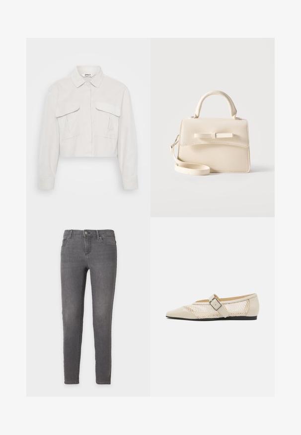 Lyhyeksi leikattu vaaleanbeige takki, jossa on kauluspaita, pitkät hihat, kaksi rintataskua ja teksturoitu kangaspinta.; Harmaat slim fit -farkut, joissa etuknappi, vetoketju ja viiden taskun malli yksinkertaisella valkoisella taustalla.; Beige kengät, joissa on terävä kärki ja verkkomateriaali, varustettu soljella ja matalalla mustalla pohjalla, korostaen kontrastista tekstuuria.; Pieni beige olkalaukku, jossa on yläkahva, irrotettava olkahihna, etutasku ja koristeellinen vaakasuora rusetti yksivärisellä taustalla.