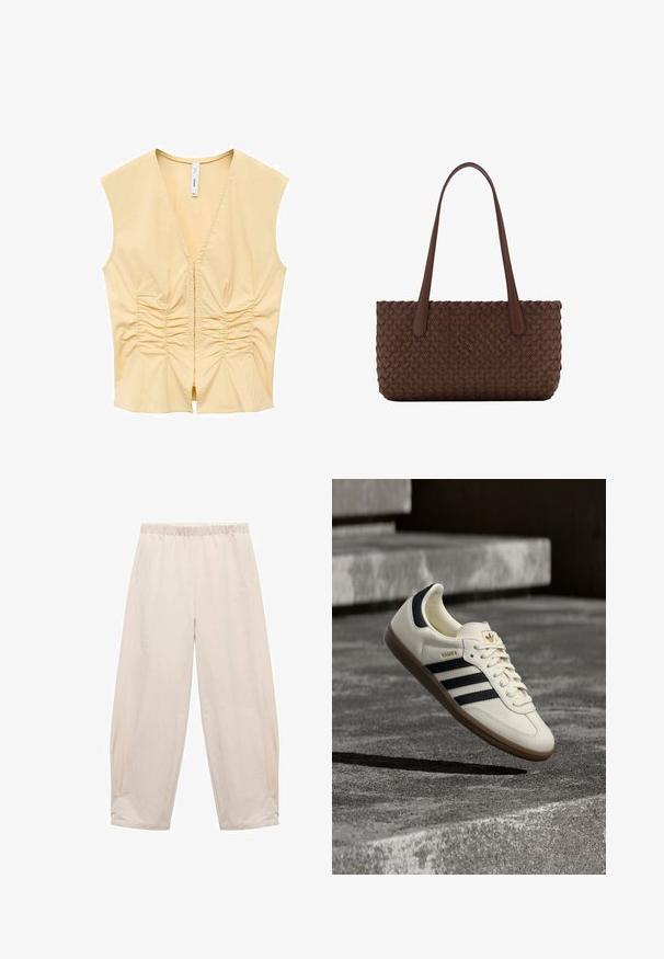 Top sans manches jaune avec un décolleté en V, présentant des détails froncés à l'avant pour apporter de la texture. Tissu lisse avec une silhouette ajustée.; Pantalons à taille élastique en beige clair. Fabriqués en tissu doux avec des poches latérales et une coupe décontractée et ample. Ajustés à la cheville.; Baskets blanches Adidas Samba avec des bandes noires et une semelle en gomme, flottant au-dessus de marches en béton gris texturé.; Sac à main en cuir marron avec un motif tissé, avec deux longues anses fines pour un port à l'épaule.