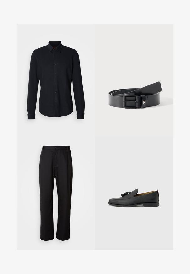 Chemise bleu marine à manches longues en tissu texturé, dotée d'un col boutonné, de boutons sur le devant et d'un logo discret sur la poitrine.; Pantalon noir à coupe droite, en tissu léger. Il dispose d'une fermeture à bouton sur le devant et de deux poches latérales ; texture lisse.; Mocassin pour homme en cuir noir avec pompons, bout arrondi, petit talon et languette à l'arrière, présenté de profil sur un fond gris clair.; Ceinture en cuir noir avec boucle métallique noire mate, légèrement enroulée avec l'extrémité de la lanière reposant sur une surface blanche.