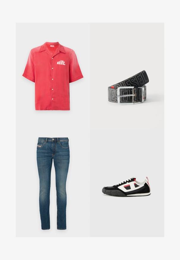 Kortærmet rød skjorte med knapper i et glat stof. Har en krave og et hvidt logo på venstre bryst. Enkel design, uden mønstre.; Blå denim jeans med slim fit, der har knaplukning, klassisk fem-lomme design og let fading langs benene for et slidt udseende.; Diesel S PAGODHA LOW - Sneakers - black; Sort Diesel-bælte med stor hvid logo tekst, rektangulært sølvspænde og brandet metal-loop detalje, rullet sammen på en lys baggrund.