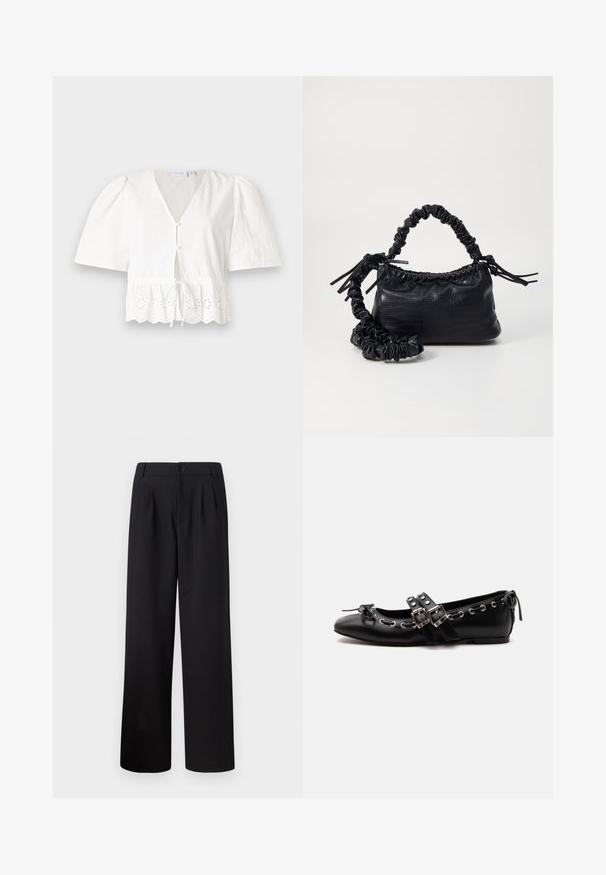Blusa blanca de manga corta con cuello en V, botones en el frente y cintura con cordón. Presenta un borde de encaje con patrones florales recortados en el dobladillo.; Pantalones anchos negros con pliegues, cintura alta, cierre de botón y textura de tela suave. No hay bolsillos visibles en el diseño.; Zapato de ballet plano negro con correas de doble hebilla, ojales plateados y un pequeño lazo cerca de la puntera redondeada sobre un fondo blanco.; Bolso de mano de imitación cuero negro con textura de cocodrilo, parte superior fruncida y correa arrugada. Presenta un diseño suave y compacto.