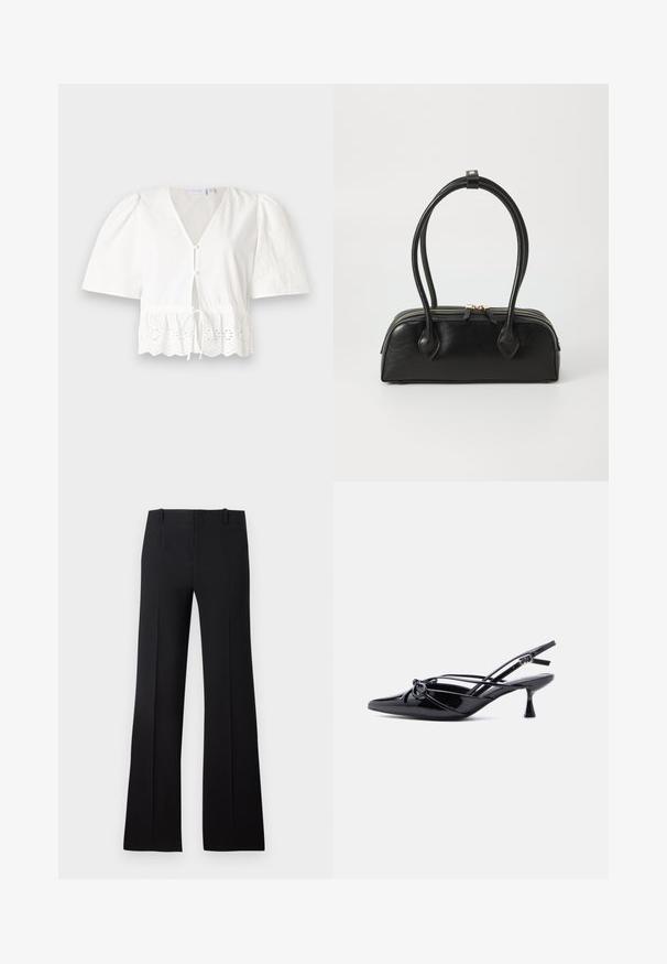 Blusa blanca de manga corta con cuello en V, botones en el frente y cintura con cordón. Presenta un borde de encaje con patrones florales recortados en el dobladillo.; Pantalones de campana negros con una textura suave, que presentan una cintura ajustada, lazos para cinturón y un diseño limpio que se extiende hasta un dobladillo amplio.; Zapato de salón slingback de charol negro con punta afilada, tacón bajo tipo kitten, y detalle decorativo de lazo anudado en la parte delantera.; Bolso de mano de cuero negro con dos asas alargadas, cierre de cremallera y forma redondeada; textura suave con un acabado ligeramente brillante.