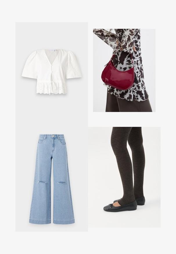 Blusa blanca de manga corta con cuello en V, botones en el frente y cintura con cordón. Presenta un borde de encaje con patrones florales recortados en el dobladillo.; Jeans de pernera ancha de color azul claro con una cintura alta, que cuentan con dos bolsillos frontales y dos detalles de rodillas rasgadas, elaborados en material de denim.; Piernas con leggings oscuros acanalados combinados con bailarinas negras que presentan pequeños detalles de lazo sobre un fondo blanco.; Mujer con blusa de estampado en blanco y negro sosteniendo un bolso de hombro rojo brillante sobre un fondo liso.
