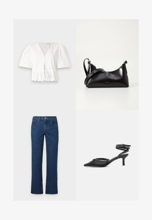 Blusa blanca de manga corta con cuello en V, botones en el frente y cintura con cordón. Presenta un borde de encaje con patrones florales recortados en el dobladillo.; Jeans rectos de color azul oscuro con cierre de botón y cremallera, bolsillos delanteros y para monedas, y pasadores para cinturón, mostrados en plano sobre un fondo blanco.; Tacón kitten negro de punta puntiaguda con parte superior de encaje, borde festoneado y correa de tobillo envolvente con cierre de hebilla.; Bolso de mano de cuero negro con una textura suave. Cuenta con una correa ajustable y un diseño elegante y minimalista con cierre de cremallera.