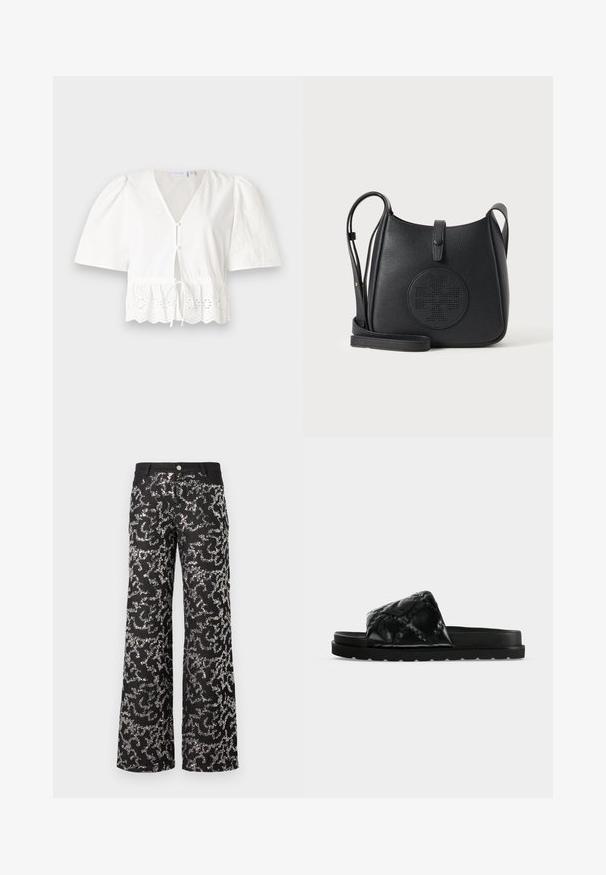 Blusa blanca de manga corta con cuello en V, botones en el frente y cintura con cordón. Presenta un borde de encaje con patrones florales recortados en el dobladillo.; Pantalones negros de cintura alta con piernas anchas, que presentan un patrón de espiral de lentejuelas plateadas por toda la prenda y un cierre de botón en la parte frontal.; Sandalia negra sin cierre con suela gruesa y tira ancha acolchada que presenta un sutil patrón en relieve, mostrada de lado sobre fondo blanco.; Bolso bandolera de cuero negro con correa ajustable, cierre de solapa frontal y logo circular en relieve sobre superficie de textura suave.