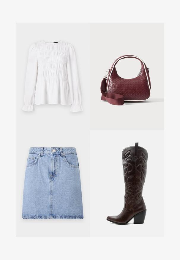 Hvid langærmet top med samlet tekstur, rund halsudskæring og rynkede manchetter. Letvægtsstof med en let løs pasform.; Lyseblå denimskirt med fem lomme-design, frontknap og lynlåslukning samt rå kant. Glat tekstur med let falmning.; Høj mørkebrun læder cowboystøvle med syede dekorative mønstre, spids tå og stablet blokhæle.; Mørkerød vævet lædertaske med buet hank, hvid kant, sølv lynlås og aftagelig bred stofskulderrem mod en ensfarvet baggrund.