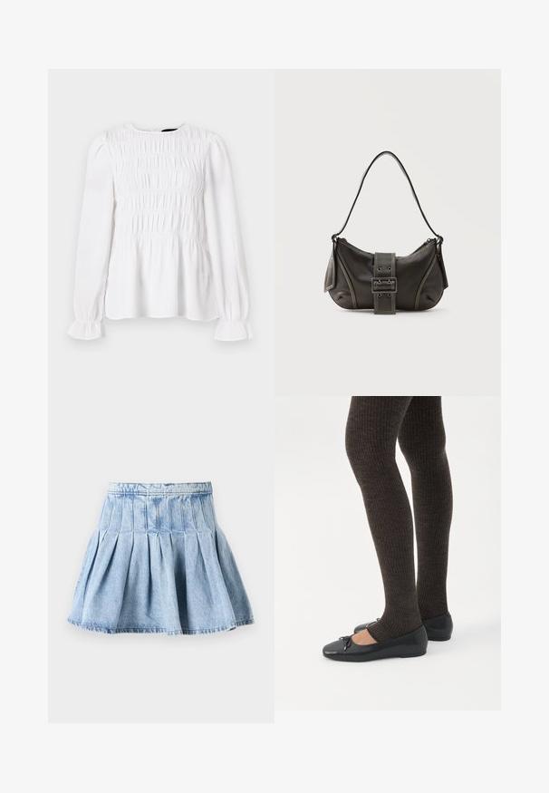 Hvid langærmet top med samlet tekstur, rund halsudskæring og rynkede manchetter. Letvægtsstof med en let løs pasform.; Denimnederdel i lyseblå, med et fuldt plisseret design og en talje. Stoffet har en subtil tekstur med synlige sømdetaljer.; Ben iført mørke ribbede leggings kombineret med sorte balletsko med små sløjfedetaljer på hvid baggrund.; Sort læder skuldertaske med spænde på remmen, afrundede kanter og kontrasterende hvide syninger på en ensfarvet baggrund.