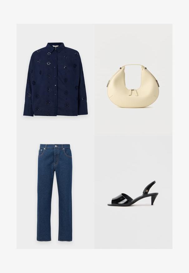 Marineblå knap-up skjorte lavet af letvægtsstof, med blomsterudskæringer og krave, lange ærmer og en afslappet pasform.; Mørkeblå denim jeans med lige ben, for- og baglommer, bæltestropper, knaplukning og synlig orange sytråd.; Sorte laks slingback hæle med åben tå, der har en slank hæl og et brandet element på remmen.; Beige håndtaske i halvmåneform med dobbelt lynlåslukning og kort håndtag, udstyret med sølvfarvede hardware-detaljer på siderne.