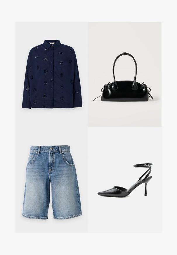 Chemise boutonnée bleu marine en tissu léger, ornée de motifs floraux découpés et d'un col, avec des manches longues et une coupe décontractée.; Shorts en denim bleu clair avec une coupe droite, cinq poches et quincaillerie en bronze. Présente un ourlet effiloché et une texture délavée.; Escarpin noir à bout pointu avec fines brides de cheville et fermeture à boucle argentée sur fond clair uni.; Petit sac à main noir brillant avec deux longues anses et des détails à cordon sur les côtés sur un fond clair uni.