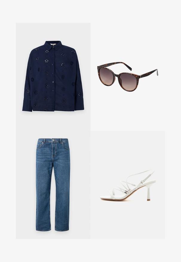 Dunkelblaue knopfbesetzte Bluse aus leichtem Gewebe, mit floralen Ausschnitten und einem Kragen, langen Ärmeln und einem entspannten Schnitt.; Blaue Jeans aus Denim mit geradem Bein und hoher Taille. Zu den Merkmalen gehören Fronttaschen, ein Knopfverschluss und dezente Nähte.; Weißer, hochhackiger Sandale mit dünnen Riemchen, silbernen Akzenten, quadratischer Spitze und einem schlanken, mittelhohen Absatz vor schlichtem weißem Hintergrund.; Schildpatt-Sonnenbrille mit großen runden Fassungen, Verlaufslinsen und glatten schwarzen Bügeln mit dezenten Akzenten und metallicfarbenen Beschlägen.