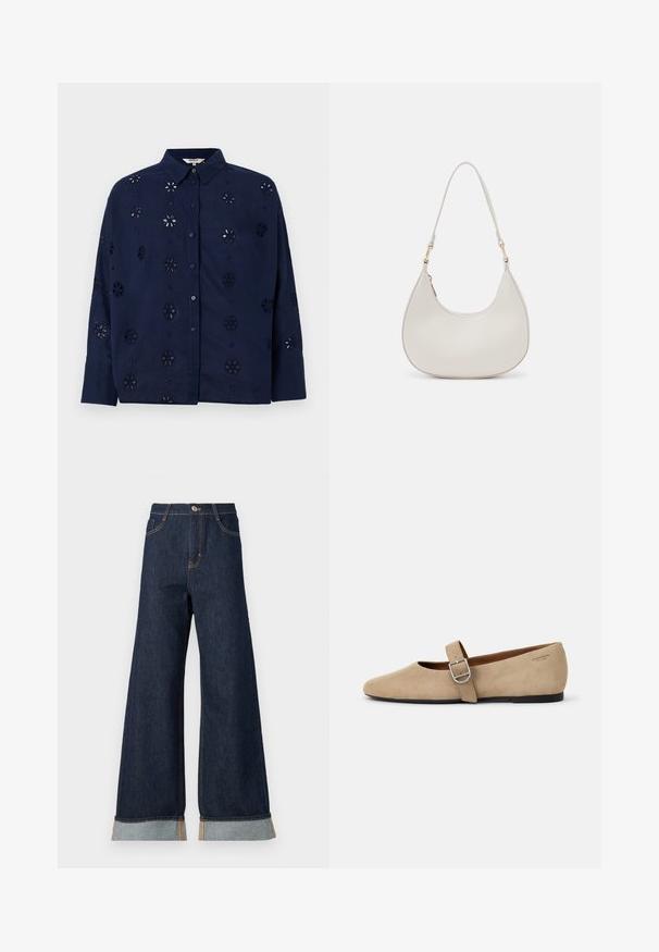 Camisa de botones azul marino hecha de una tela ligera, con patrones de corte floral y un cuello, de manga larga y un ajuste relajado.; Jeans de mezclilla oscuros de pierna ancha con costuras naranjas, con una cintura alta, dos bolsillos delanteros y puños enrollados que muestran una tela de contraste en azul claro.; Bailarinas de ante beige estilo Mary Jane con punta afilada y una sola correa ajustable con hebilla de plata. Suela plana negra.; Bolso de hombro de cuero crema con forma de media luna, correa delgada y sutil detalle de costuras. Diseño minimalista con acentos de hardware en tono dorado.