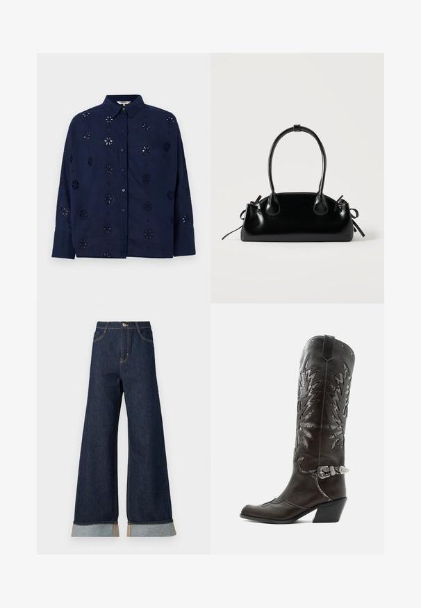 Dunkelblaue knopfbesetzte Bluse aus leichtem Gewebe, mit floralen Ausschnitten und einem Kragen, langen Ärmeln und einem entspannten Schnitt.; weit geschnittene dunkelblaue Denim-Jeans mit orangefarbenen Nähten, hohen Bund, zwei vorderen Taschen und umgeschlagenen Säumen, die einen hellblauen Kontraststoff zeigen.; Schwarzer Leder-Cowboystiefel mit dekorativen Ausschnitten, silberner Schnalle und schräger Ferse, auf weißem Hintergrund dargestellt.; Kleine schwarze glänzende Handtasche mit zwei langen Griffen und seitlichen Kordelzug-Details vor einfachem hellem Hintergrund.