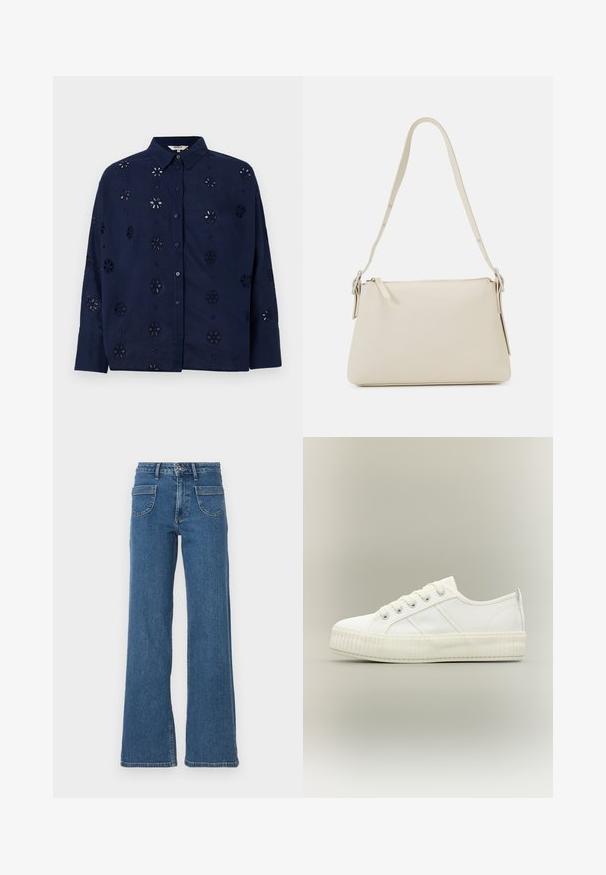 Donkerblauw overhemdd met knopen, gemaakt van lichtgewicht stof, met bloemen uitgesneden patronen en een kraag, met lange mouwen en een relaxte pasvorm.; Blauwe denim wijde jeans met een hoge taille, vijf zakken, sluiting met een knop aan de voorkant en een licht vervaagde afwerking. Gestikte zomen en naden zijn zichtbaar.; Witte lage sneaker met dikke geribde zool, veters aan de voorkant en trek-lus aan de hiel tegen een neutrale achtergrond.; Beige schoudertas van glad leer met een ritsluiting. Kenmerkt zich door een eenvoudig ontwerp, een slanke schouderband en metalen hardwareaccenten.