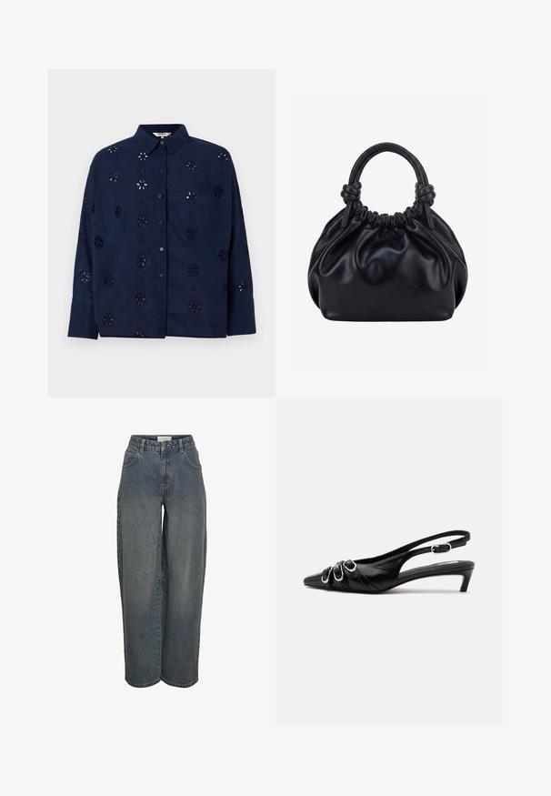 Camisa de botones azul marino hecha de una tela ligera, con patrones de corte floral y un cuello, de manga larga y un ajuste relajado.; Jeans de tiro ancho en azul oscuro, hechos de una tela de algodón texturizada. Presentan bolsillos frontales y un cierre de cremallera con botón.; Zapato slingback de cuero negro con punta puntiaguda, tres hebillas plateadas en la parte delantera y tacón bajo tipo «kitten» sobre fondo blanco.; Bolso de mano de cuero negro suave con parte superior fruncida y dos asas gruesas atadas en nudos sobre un fondo claro y liso.