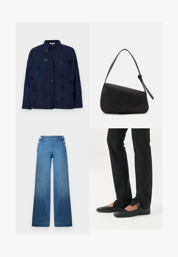 Dunkelblaue knopfbesetzte Bluse aus leichtem Gewebe, mit floralen Ausschnitten und einem Kragen, langen Ärmeln und einem entspannten Schnitt.; Weite blaue Denim-Hose mit hoher Taille, knöpfbaren Seitendetails und einem sauberen Saum. Der Stoff hat eine glatte Textur mit einem leichten Verblassen.; Beine in schwarzen schmalen Hosen mit vorderen Schlitzen am Saum, kombiniert mit schwarzen flachen Mary-Jane-Schuhen mit kleinem Schnallenriemen.; Schwarze Lederhandtasche mit dreieckiger Form, schrägem Klappdeckel und rundem Oberhandgriff. Verfügt über eine glatte Textur und minimalistische Designdetails.