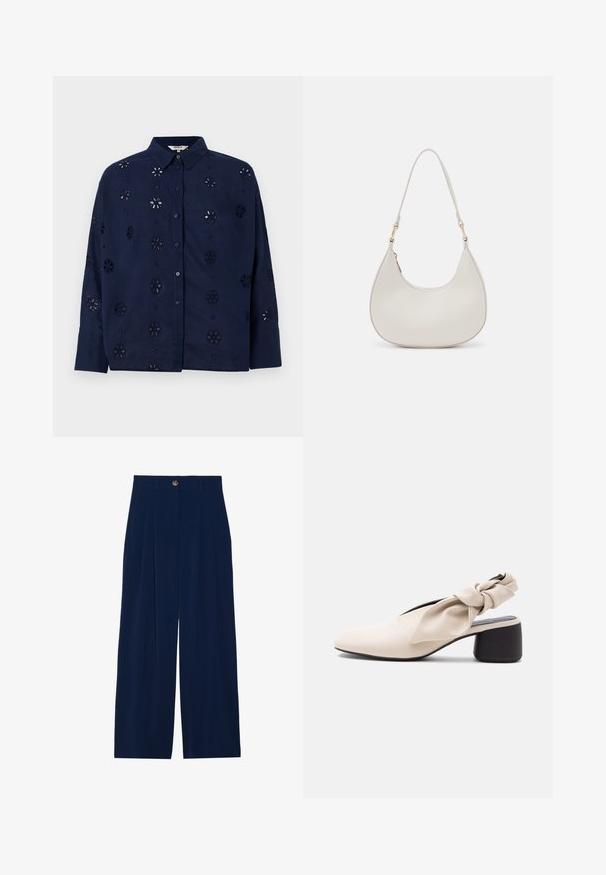 Camisa de botones azul marino hecha de una tela ligera, con patrones de corte floral y un cuello, de manga larga y un ajuste relajado.; Pantalones de pierna ancha color azul marino, hechos de material suave, con pliegues en el frente, cierre de botón y dos bolsillos laterales.; Zapato beige para mujer con tacón bajo, punta afilada y detalle de tira retorcida sobre el empeine y el talón.; Bolso de hombro de cuero crema con forma de media luna, correa delgada y sutil detalle de costuras. Diseño minimalista con acentos de hardware en tono dorado.