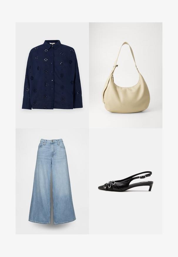 Marineblå knap-up skjorte lavet af letvægtsstof, med blomsterudskæringer og krave, lange ærmer og en afslappet pasform.; Lyseblå vidde jeans lavet af denim med høj talje, forlommer og knaplukning. Stoffet har en falmet vask.; Sort læder slingback sko med spids tå, tre sølvspænder på forsiden og lav lille hæl på hvid baggrund.; Beige læder skuldertaske med en buet form, justerbar rem og præget logo detalje, der har en glat tekstur og minimalistisk design.